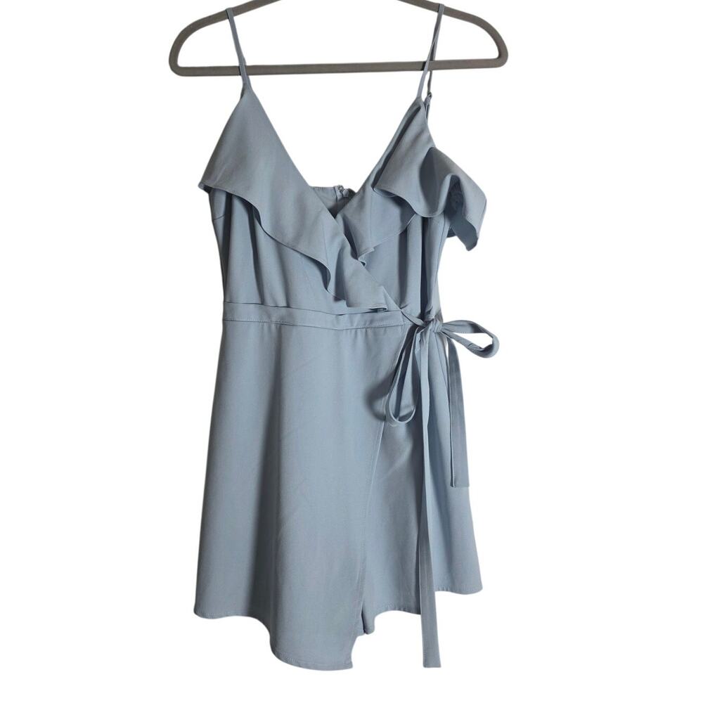 Women Medium Blue Blush Romper Dress Light Blue Ruffle Wrap Tie Brunch Cute